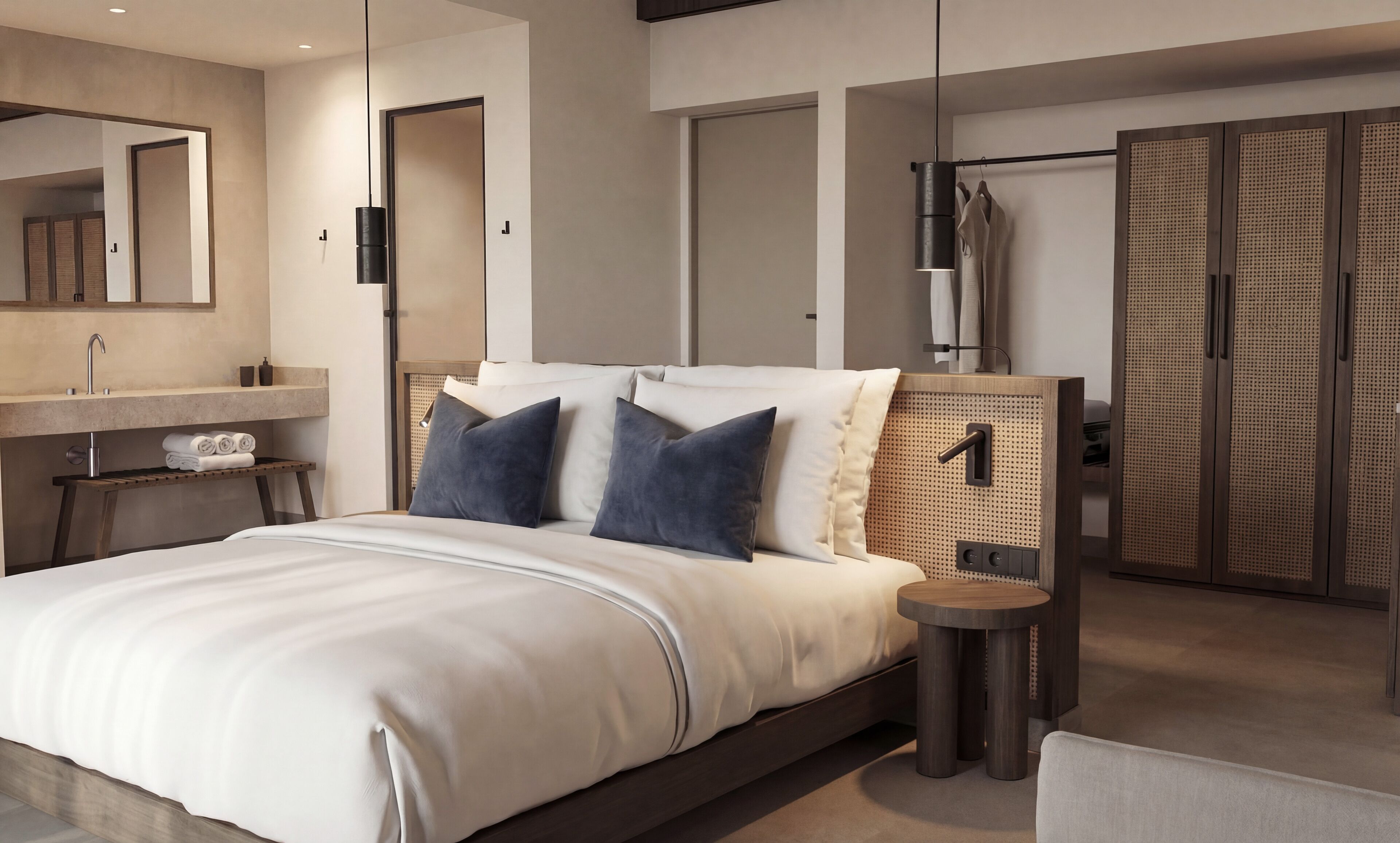 Blue Junior Suite Sea View Private Pool | 客房內保險箱、書桌、遮光布/窗簾、床單