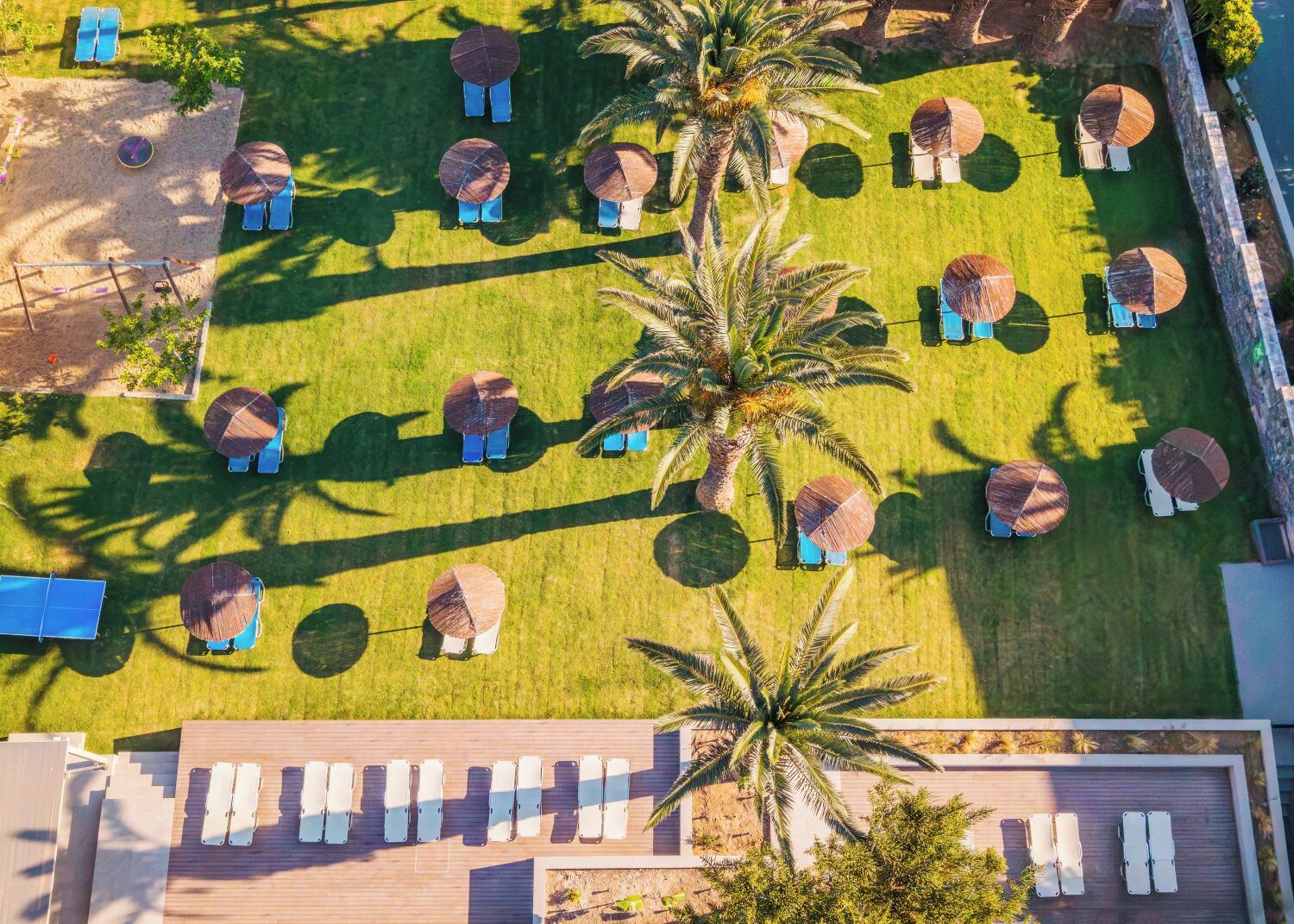 Une vue aérienne d’un complexe hôtelier avec de nombreux palmiers, des parasols et des chaises longues disposés selon un motif en réseau.