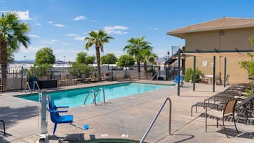 Outdoor pool, open 8:00 AM to 11:00 PM, sun loungers