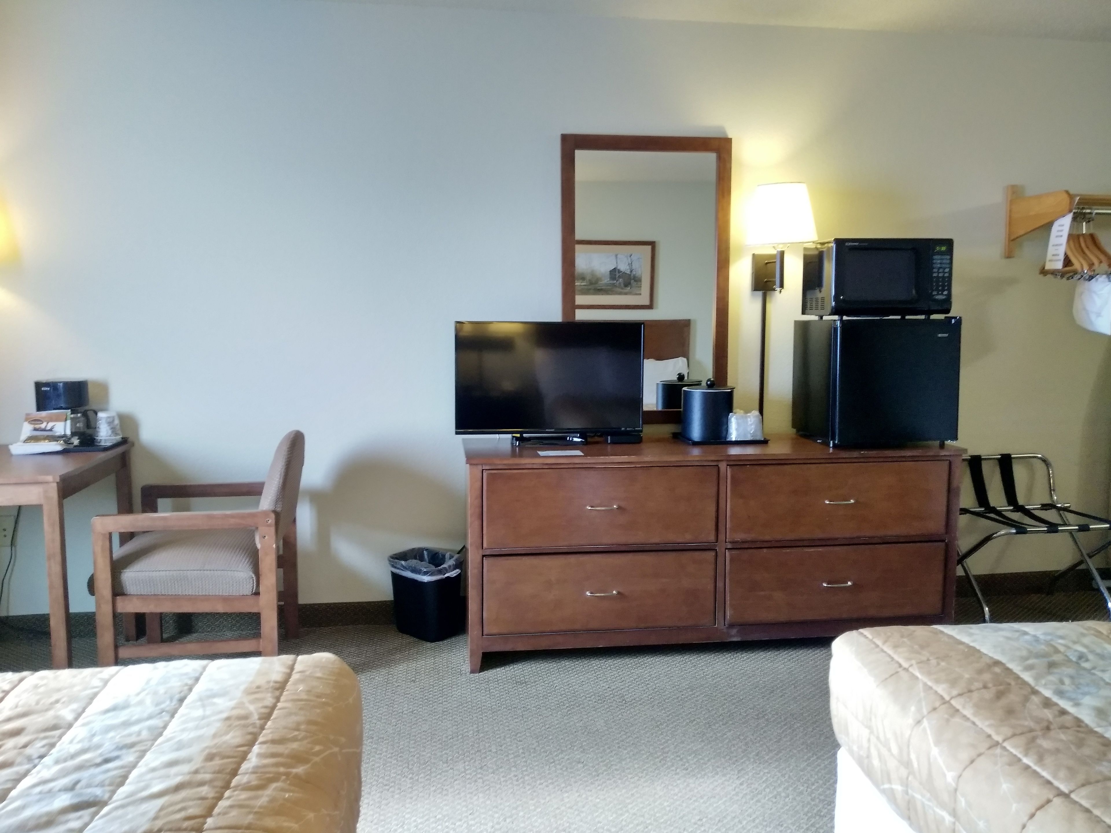 A hotel room with a bed, a desk with a chair, a television, a microwave, and a dresser.