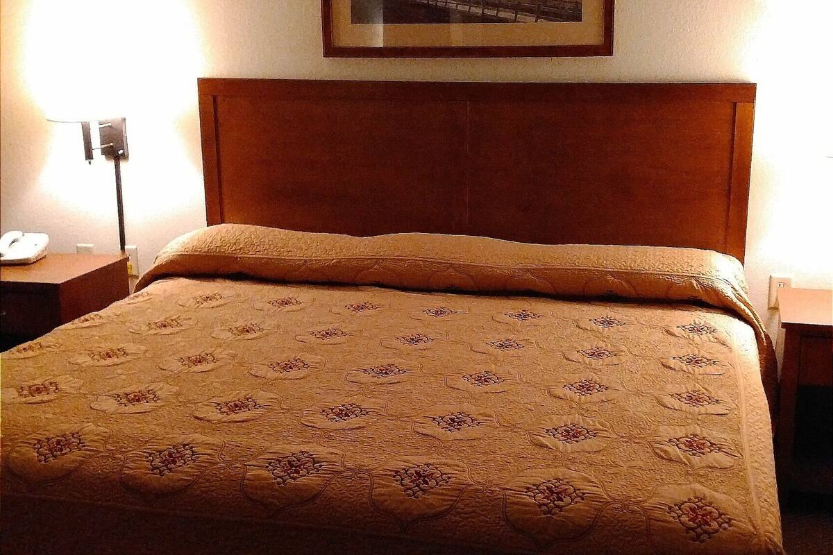 Ett hotellrum med en säng, ett nattduksbord, en lampa och en inramad tavla på väggen.