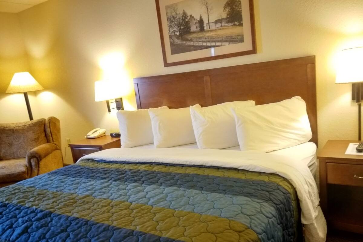 Ett hotellrum med en stor säng, en sänggavel, en stol, ett nattduksbord med en lampa och en inramad tavla på väggen.