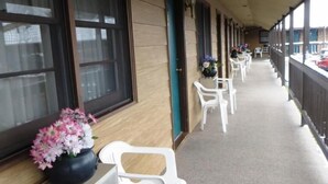 A covered corridor with white plastic chairs and a potted plant. - Chief Motel (Custer)