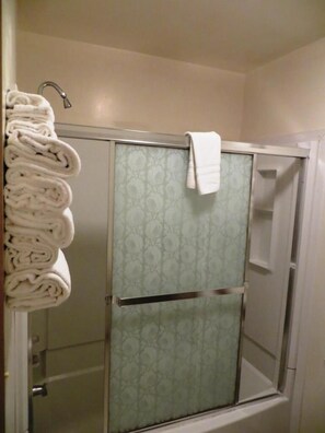 Combined shower/tub, free toiletries, hair dryer, towels - Chief Motel (Custer)
