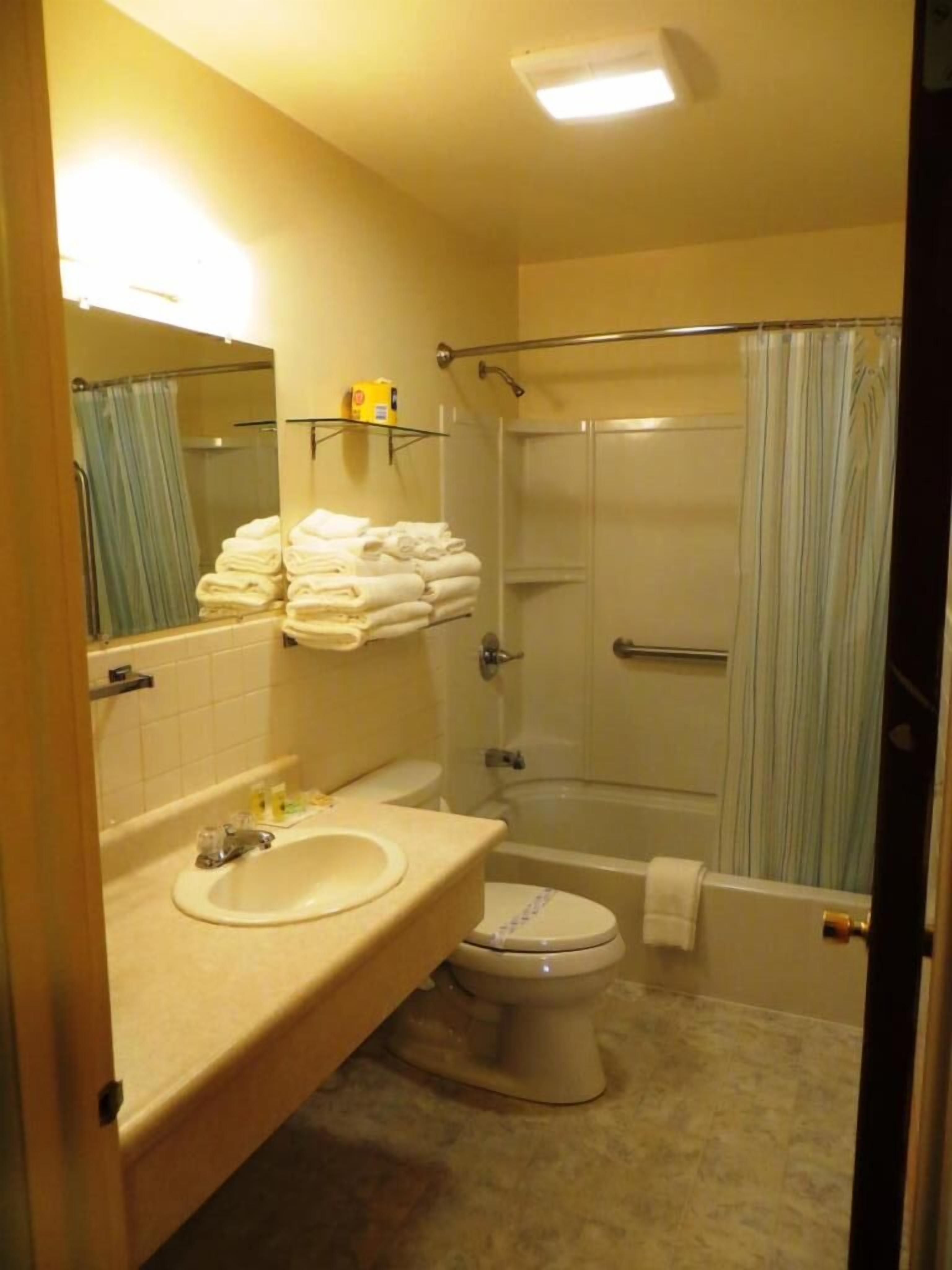 A bathroom with a sink, toilet, and shower.