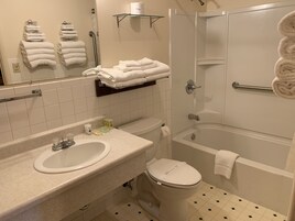 Bañera con ducha, artículos de tocador gratuitos, secador de pelo