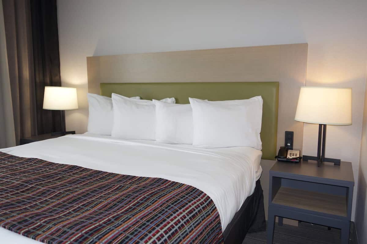A hotel room with a bed, two bedside tables with lamps, and a patterned bedspread.