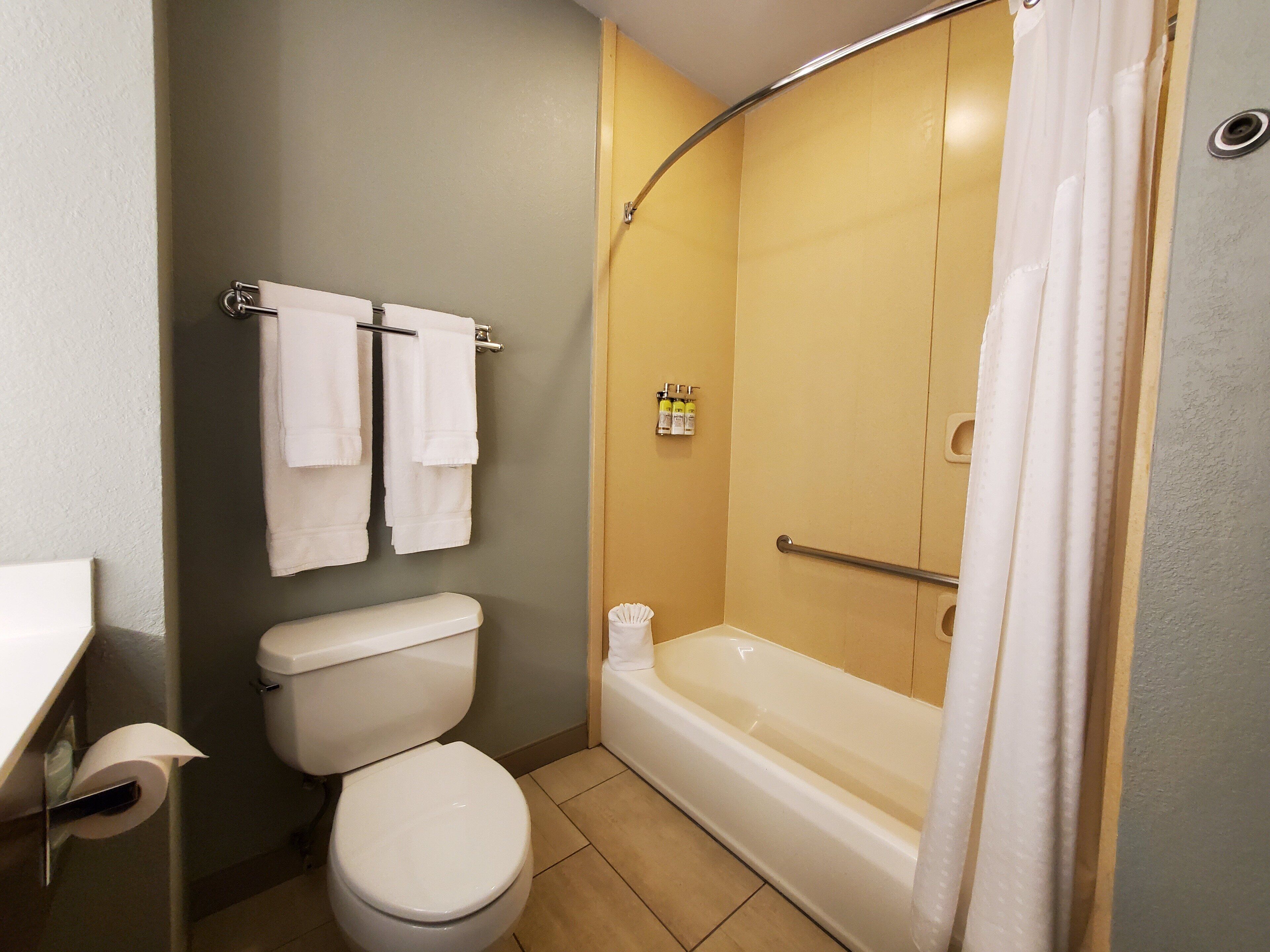 combined shower/bathtub, hair dryer, towels