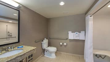 Un baño con lavamanos, inodoro, ducha y barras de apoyo.