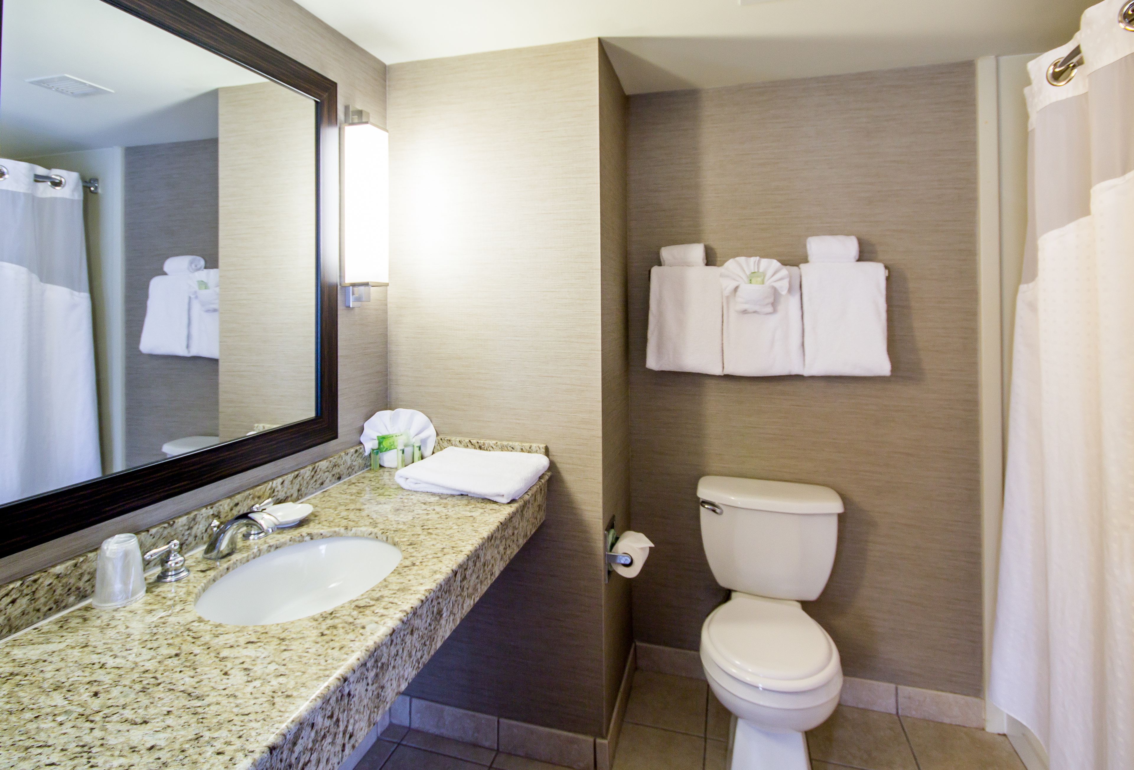 A bathroom with a granite countertop sink, a mirror, a toilet, and a shower curtain.