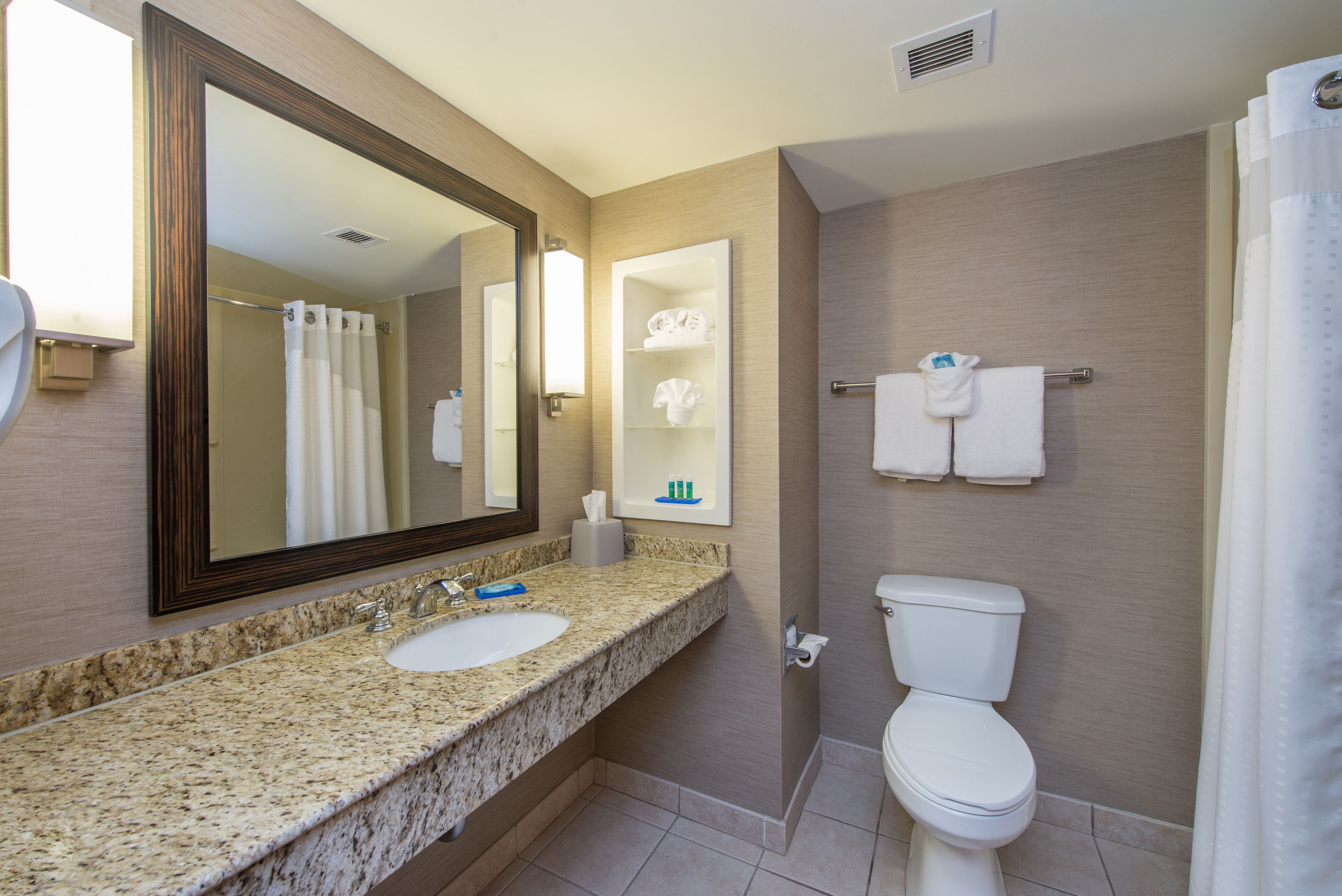 A bathroom with a granite countertop, a sink, a mirror, a toilet, and a shower curtain.