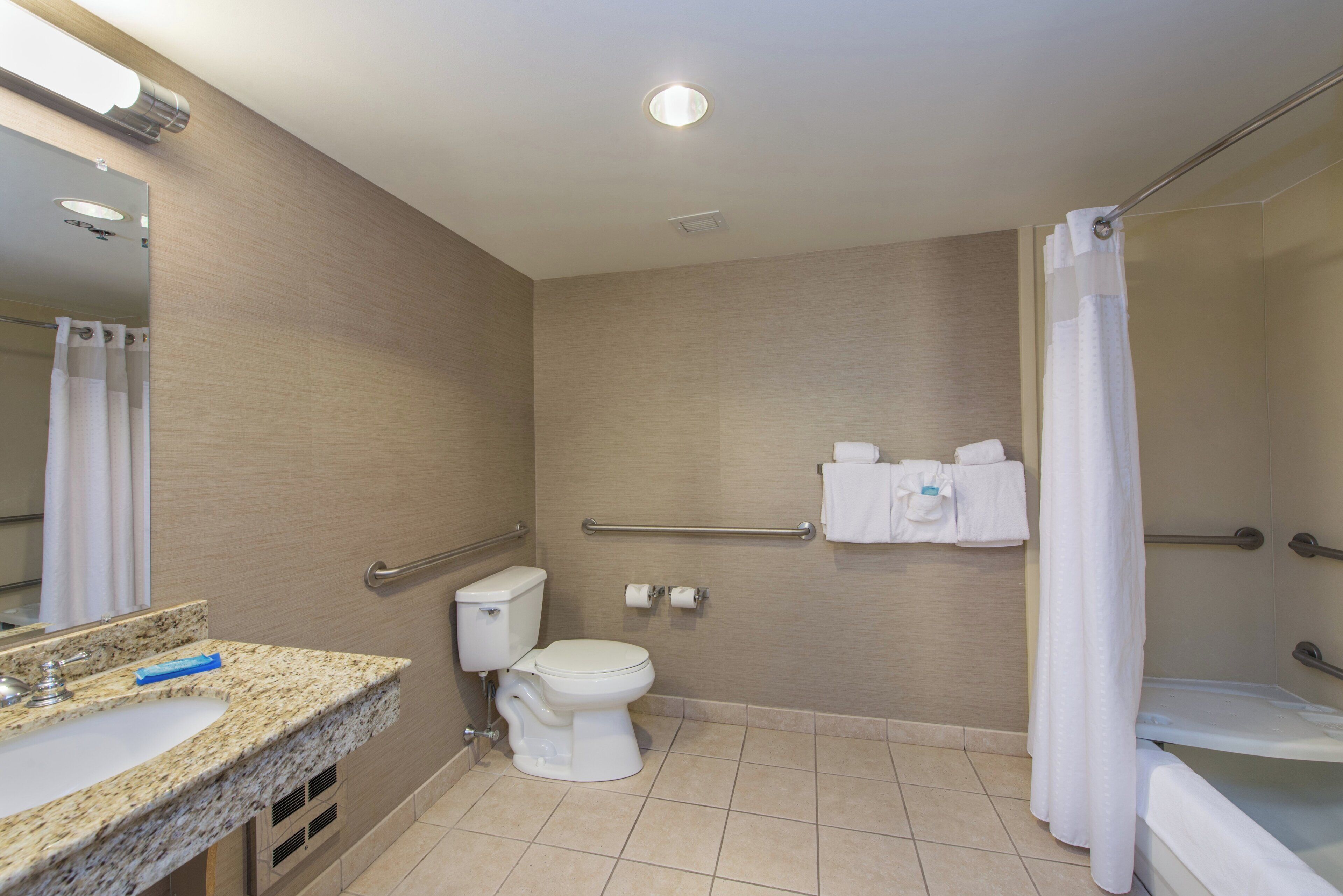 A bathroom with a toilet, sink, shower, and handrails.