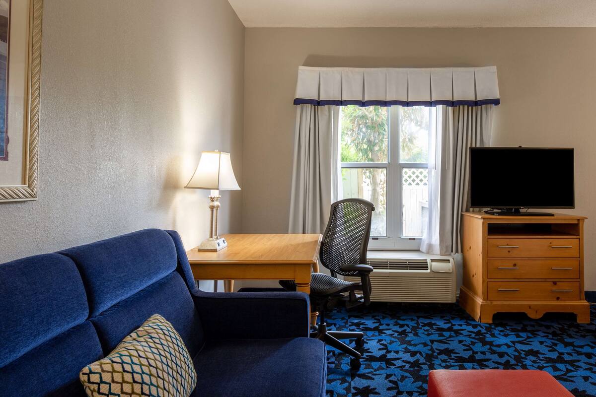 A hotel room with a blue sofa, a wooden desk with a lamp, a TV on a wooden cabinet, and a window with curtains.