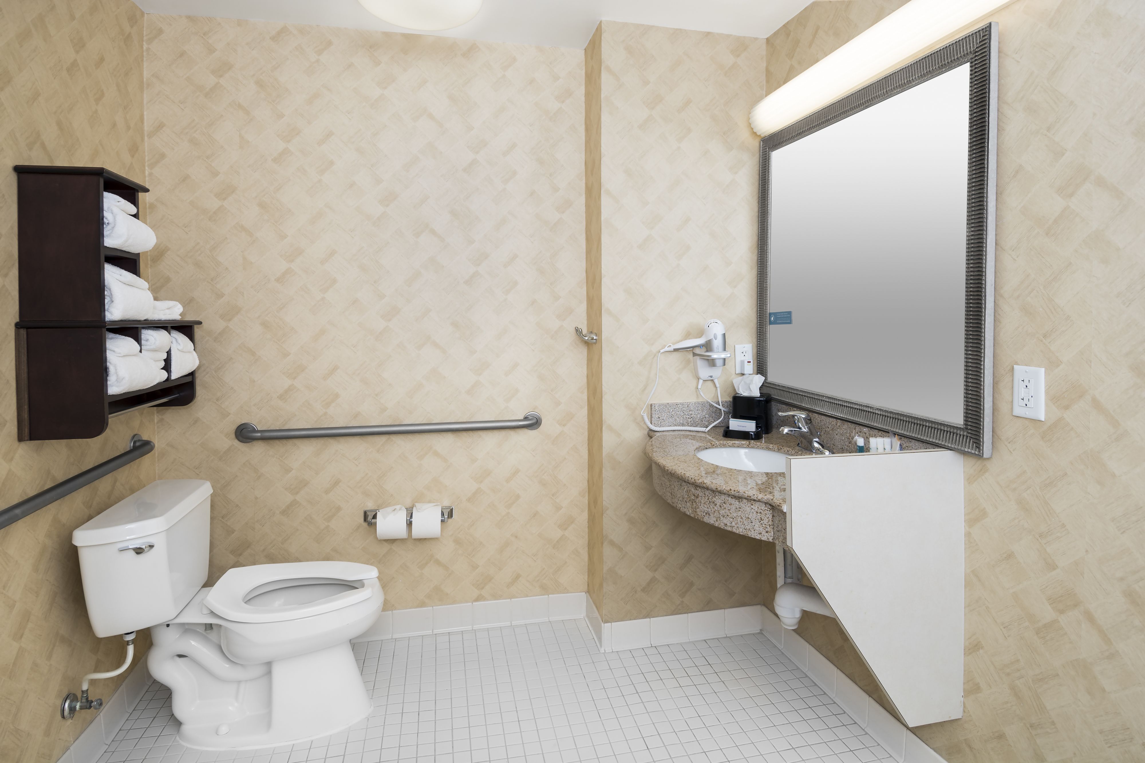 A bathroom with a toilet, sink, mirror, towel rack, and handrails.
