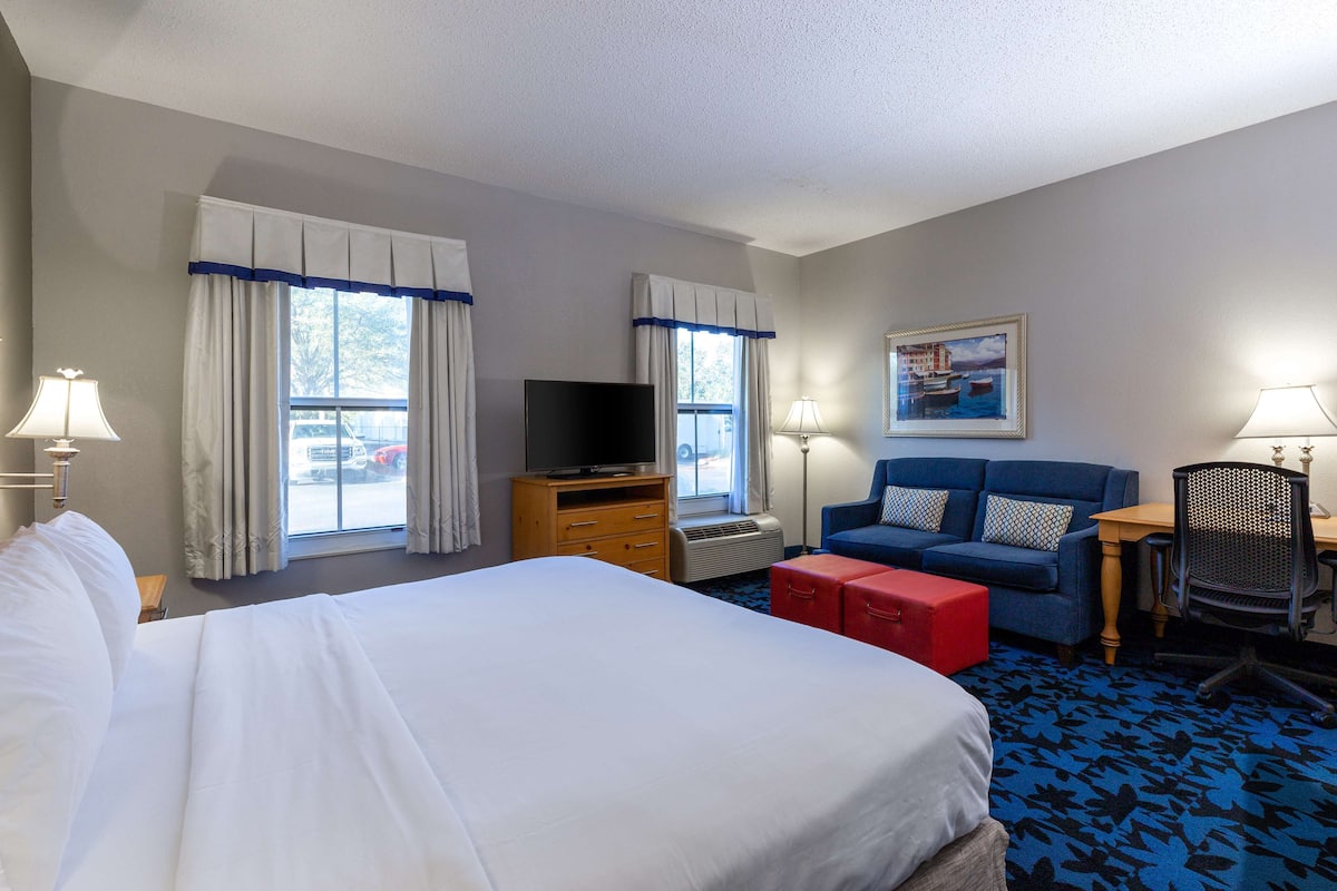 A hotel room with a large bed, a sofa, a TV, and a desk with a chair.