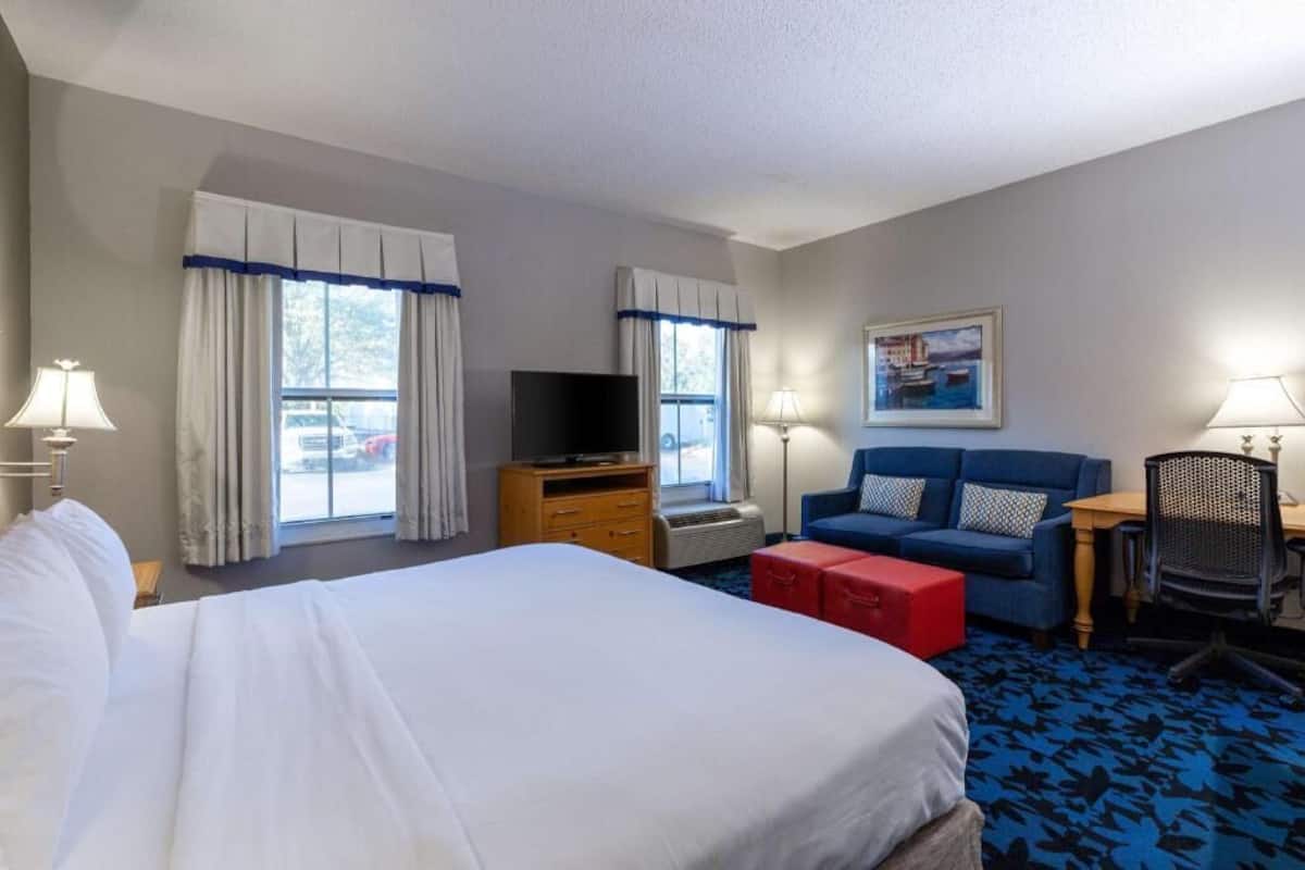 Hypo-allergenic bedding, desk, laptop workspace, blackout drapes