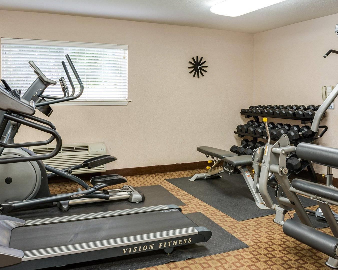 Un gimnasio con cintas de correr, mancuernas y máquinas de pesas.