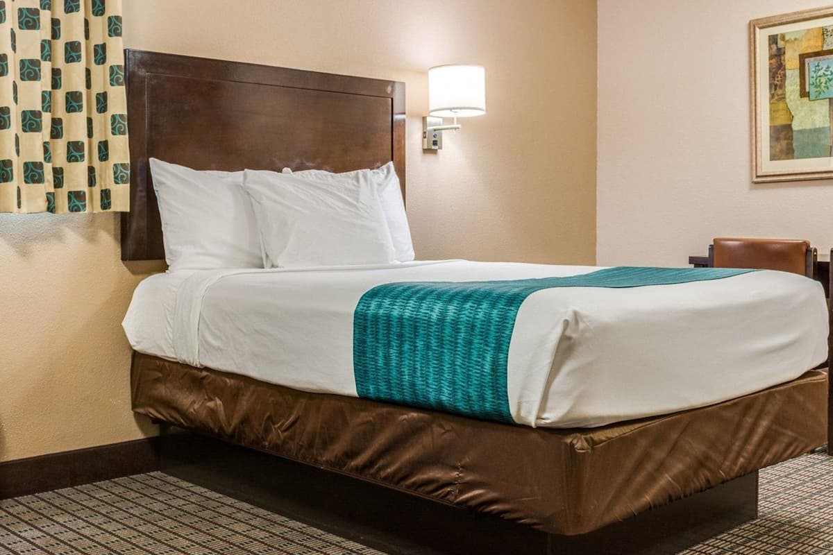 A hotel room with a bed, a headboard, a wall-mounted lamp, a painting, and a patterned rug.