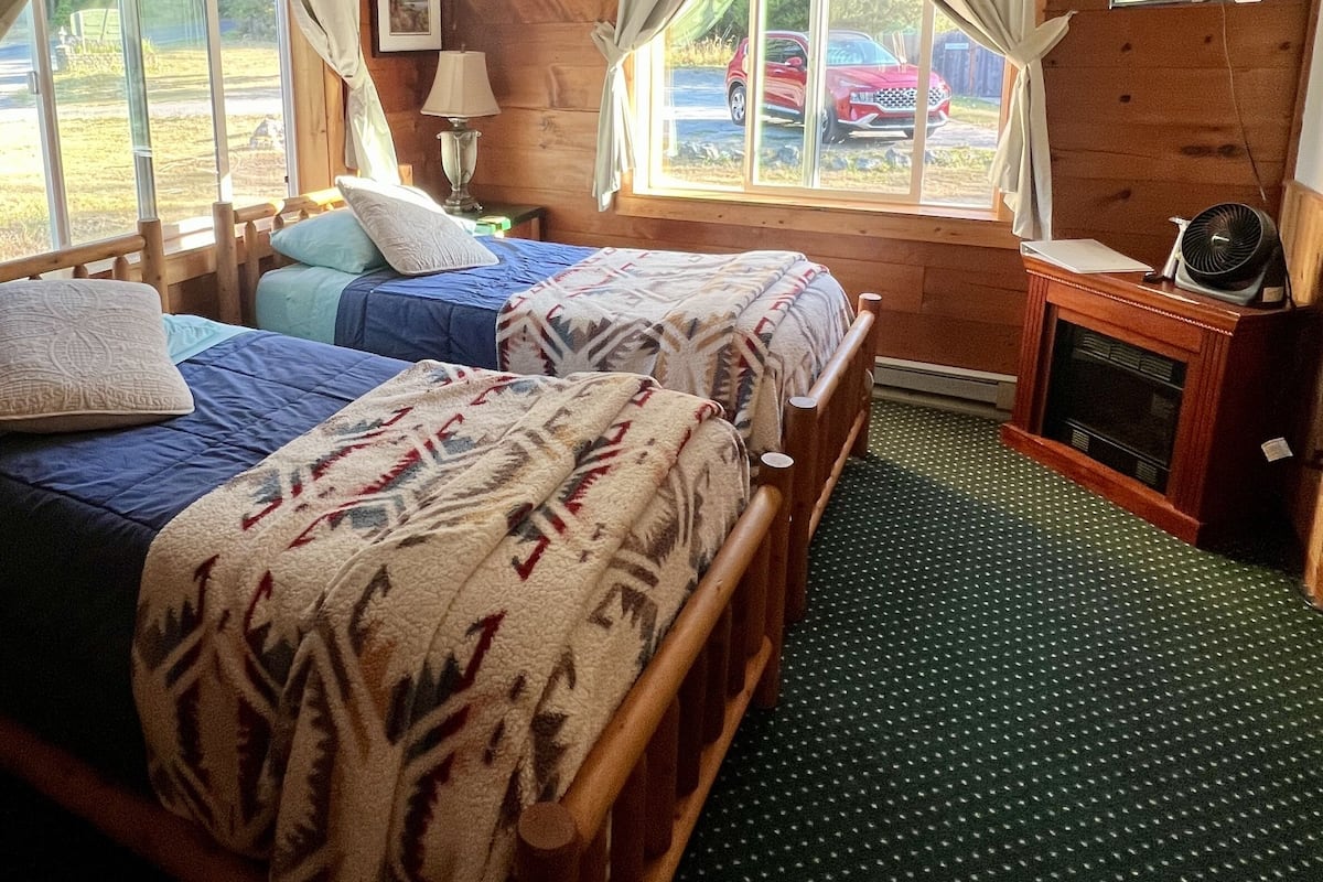 A room with two beds, wooden walls, a green carpet, a TV, and a fireplace.