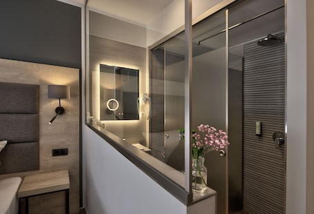 Shower, free toiletries, hair dryer, towels. Waldhotel Wandlitz