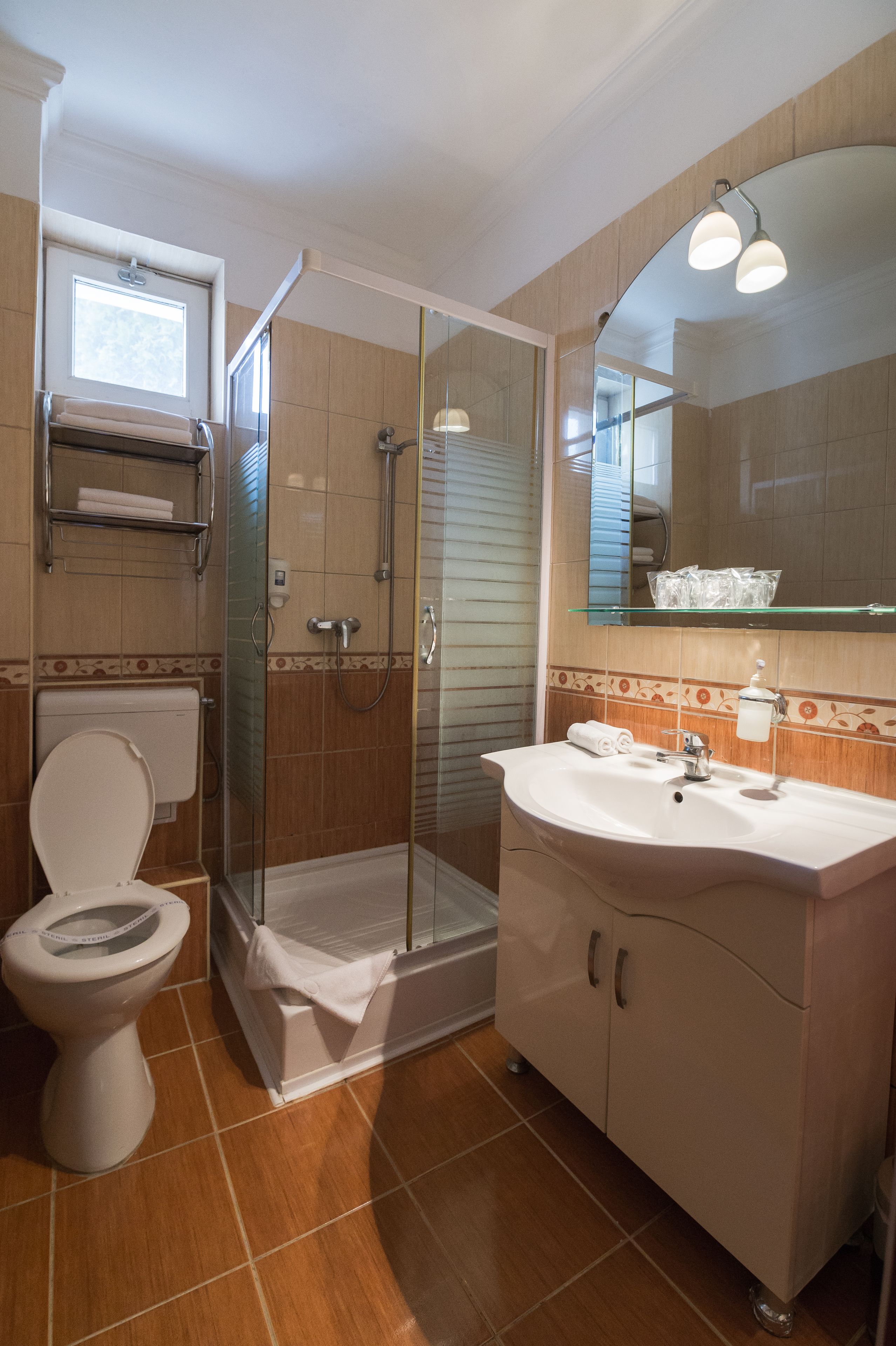 Een badkamer met toilet, douche, wastafel en spiegel.
