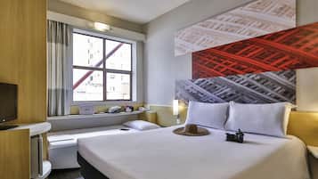 Minibar, desk, laptop workspace, blackout curtains