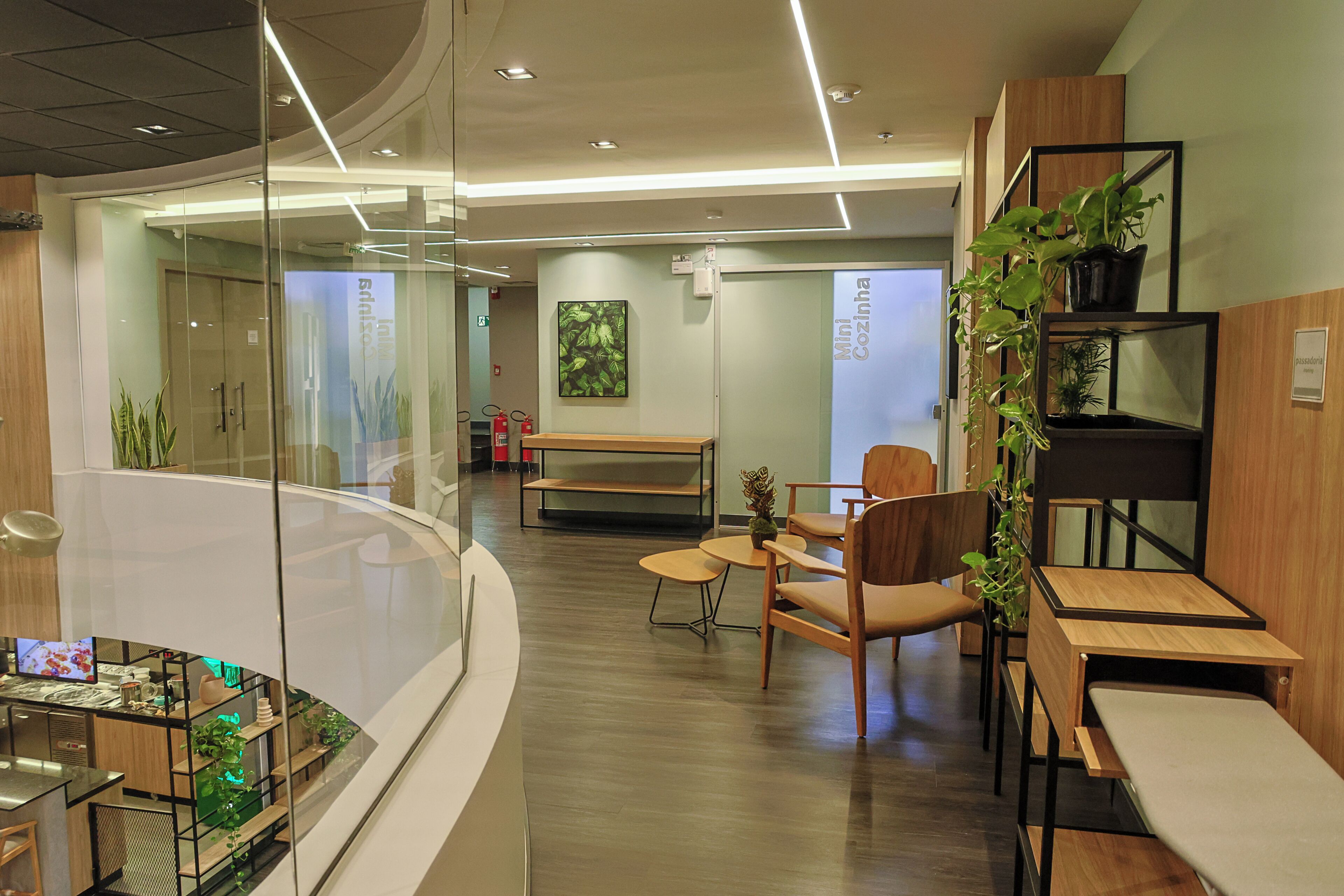 Un interior moderno con pared de vidrio curvo, muebles de madera y plantas verdes.