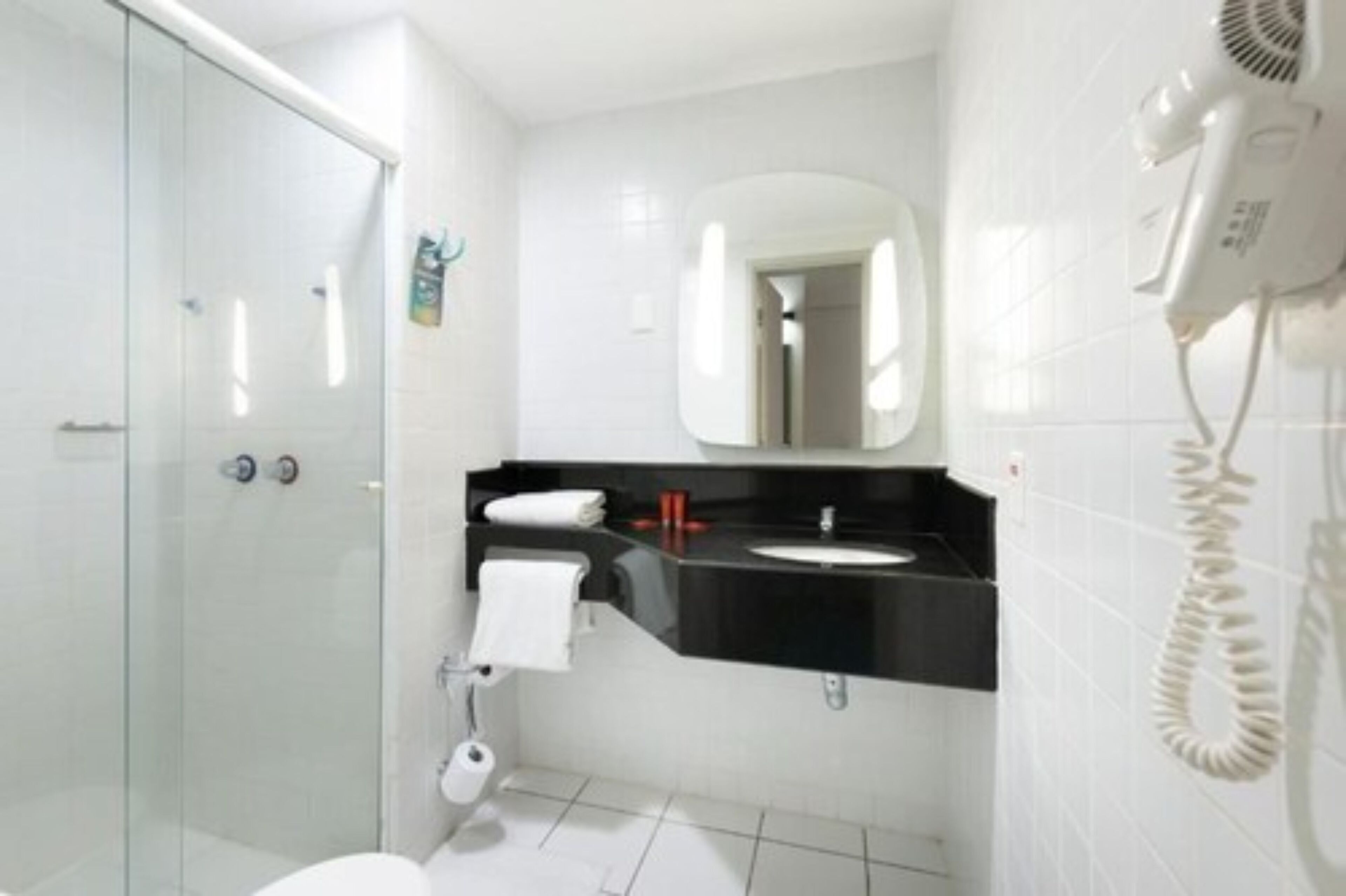 shower, eco-friendly toiletries, hair dryer, towels