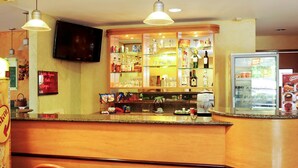 A bar area with a counter, stools, a television, and shelves with bottles and glasses. - Ibis Teresina (Teresina)