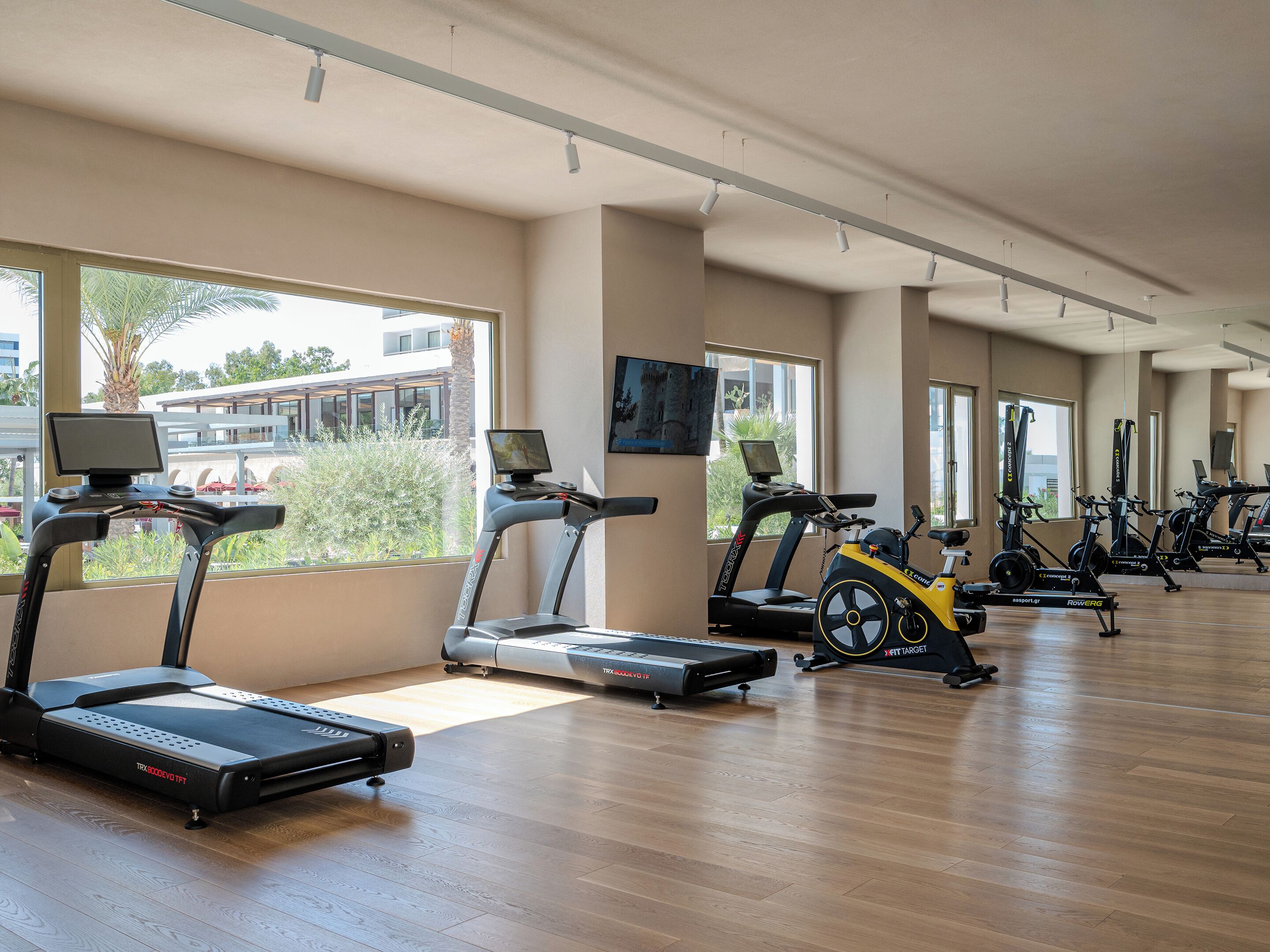 Ein Fitnessstudio mit Laufbändern, Ergometer und Rudergerät.