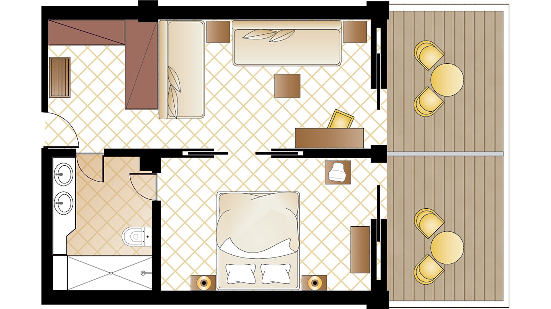 Ein Hotelzimmer mit Bett, Nachttisch, Kleiderschrank, Bad und einer kleinen Sitzecke mit Sessel und Tisch.