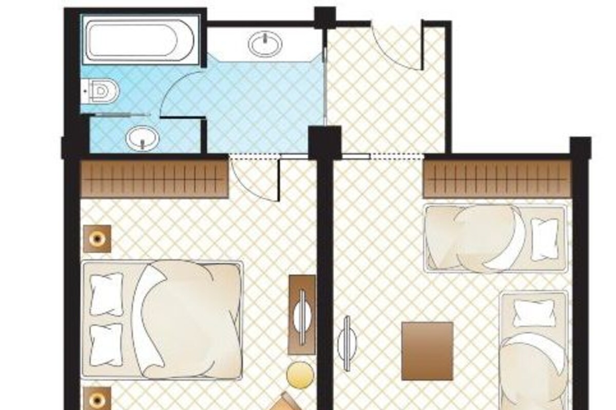 Distribución de una habitación de hotel con baño, kitchenette, comedor y zona de estar.