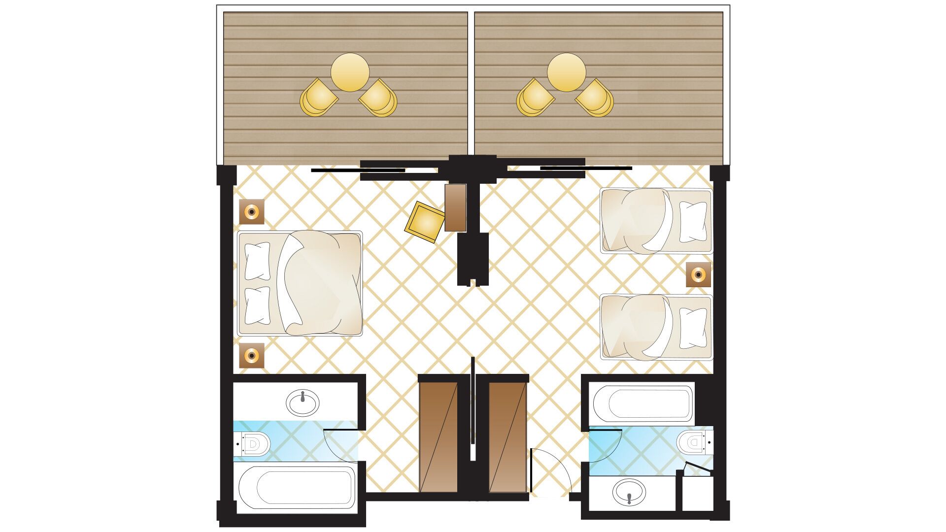 Distribución de una habitación de hotel con dos camas, un baño, una pequeña cocina y un área de descanso con mesa y sillas.