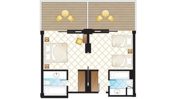 Distribución de una habitación de hotel con dos camas, un baño, una pequeña cocina y un área de descanso con mesa y sillas.
