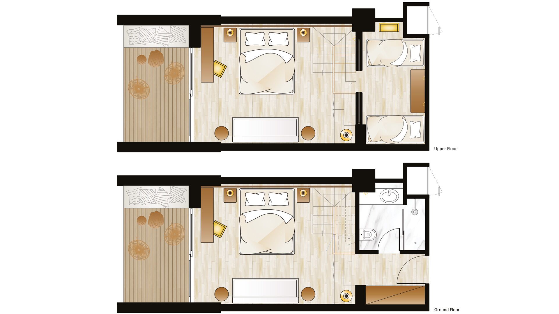 Un hôtel proposant des chambres avec deux lits, une salle de bain, un coin salon et une petite cuisine.
