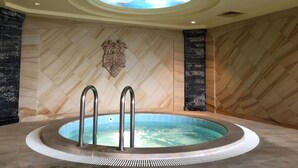Un área de spa con hidromasaje, una pared decorativa y un tragaluz.