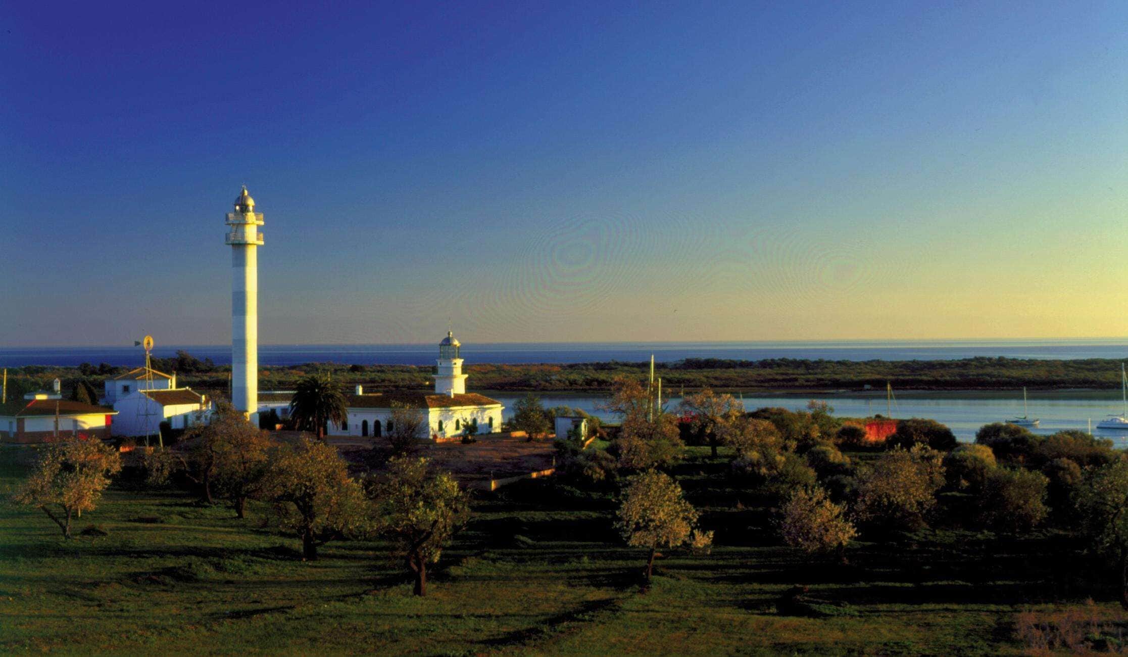 A coastal landscape with a lighthouse, a small white building, and a body of water.
