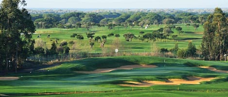 En golfbana med sandbunkrar, träd och en avlägsen stadsbild i bakgrunden.