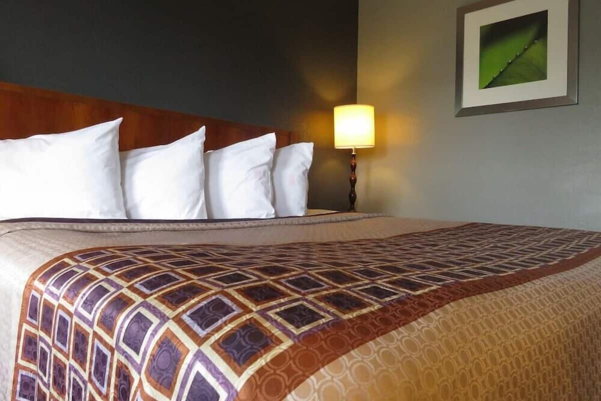 Ein Hotelzimmer mit einem Bett, Kissen, einer Lampe und einem gerahmten Bild an der Wand.