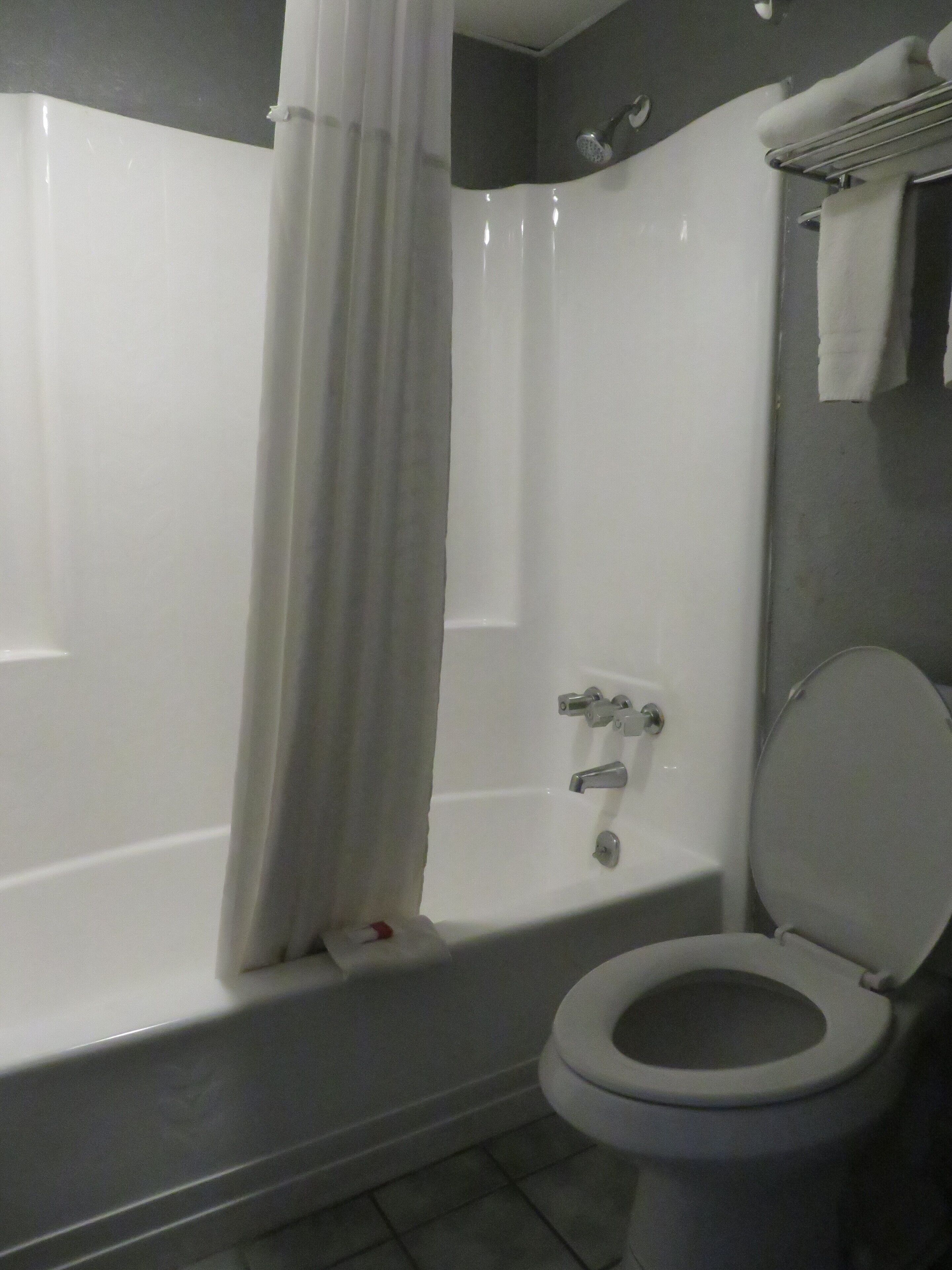 A bathroom with a bathtub, toilet, and shower curtain.