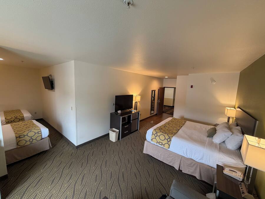 Habitación de hotel con dos camas, televisión, escritorio y espejo.