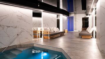 Indoor pool, open 9:00 AM to 9:00 PM, sun loungers