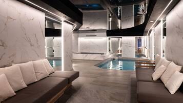 Indoor pool, open 9:00 AM to 9:00 PM, sun loungers