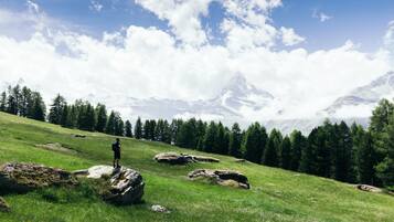 A mountainous landscape with a person standing on a rock.