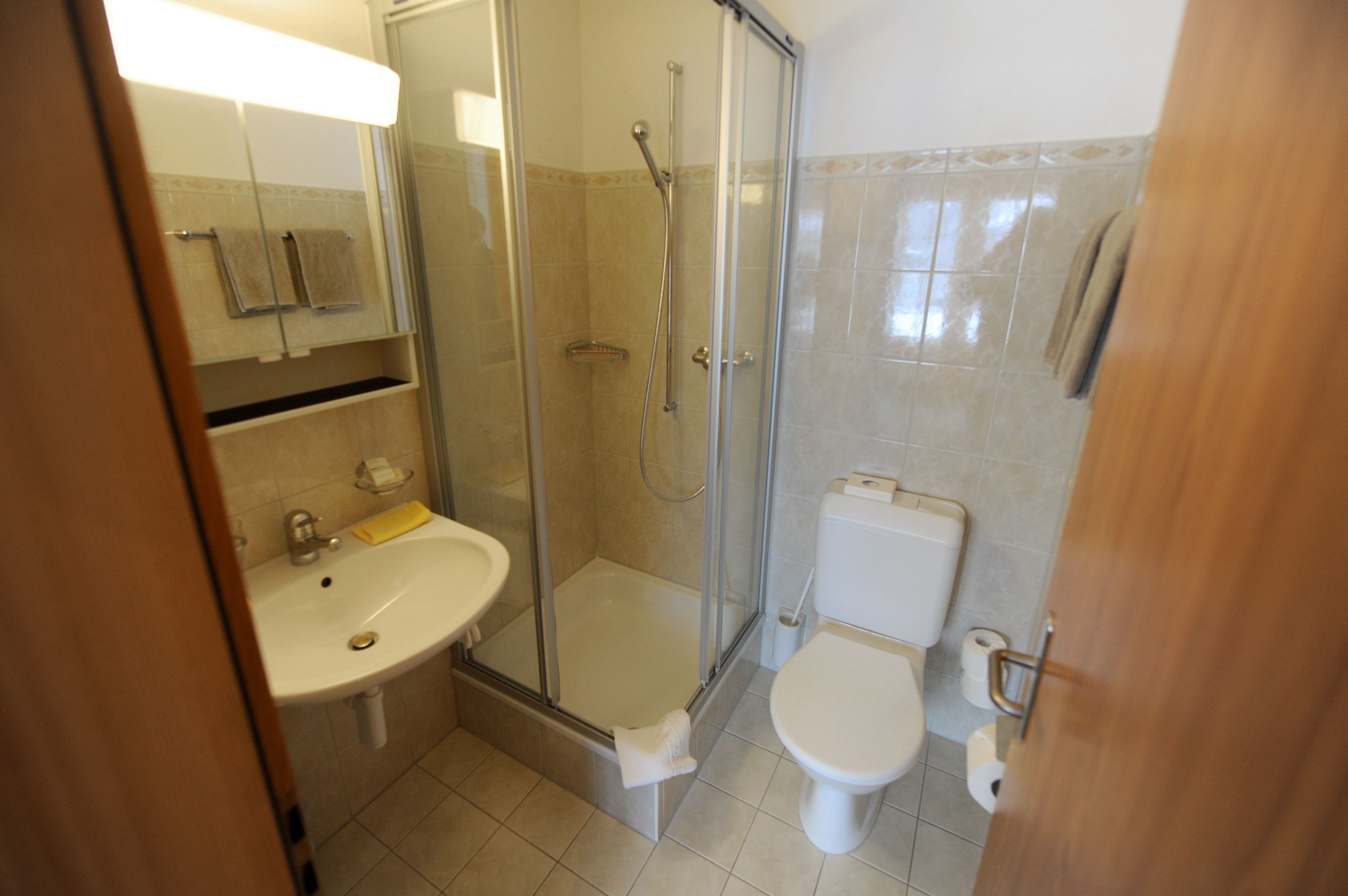 A bathroom with a glass-enclosed shower, a sink, and a toilet.
