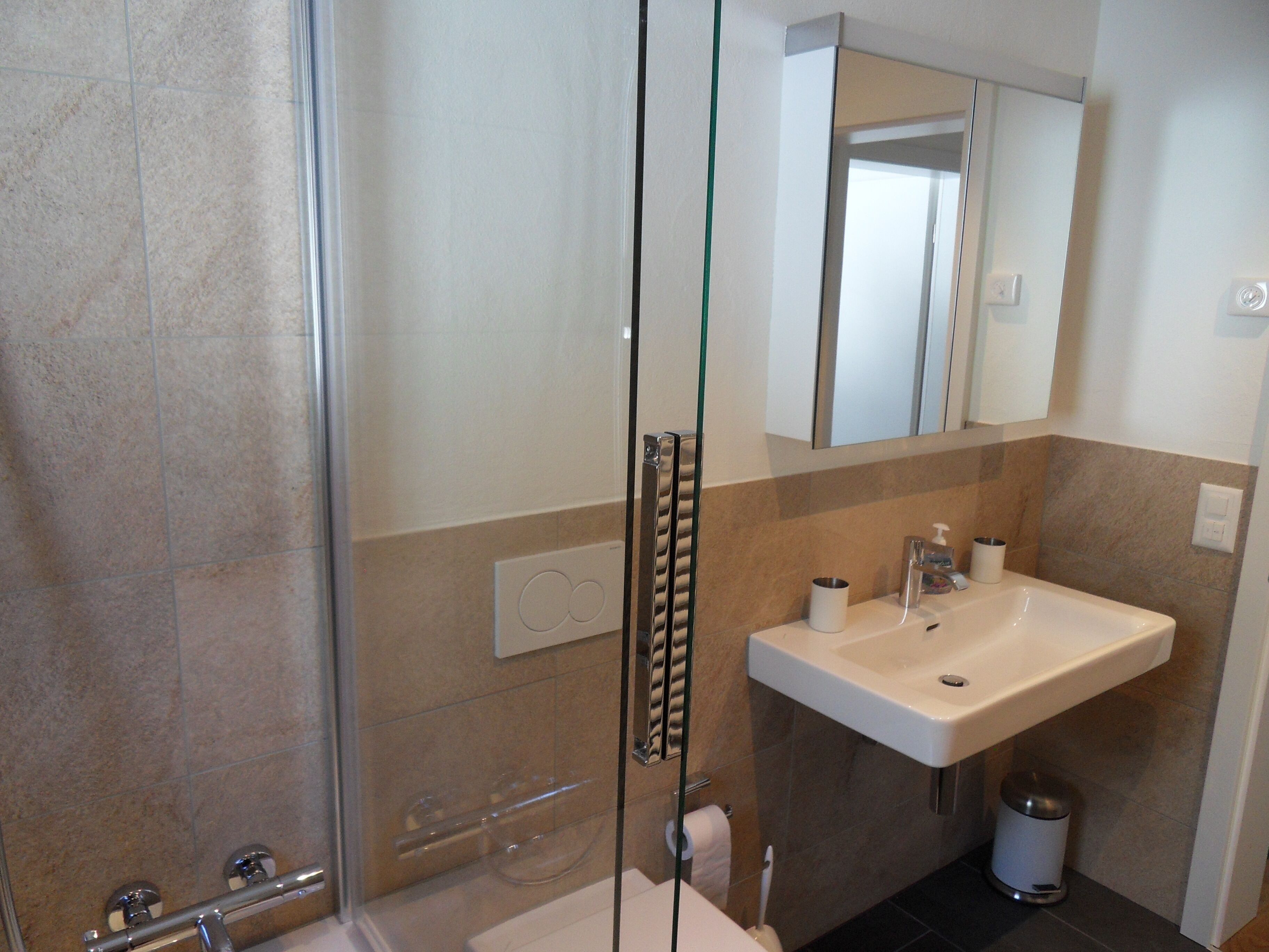Un baño con cabina de ducha de vidrio, lavabo, espejo e inodoro.