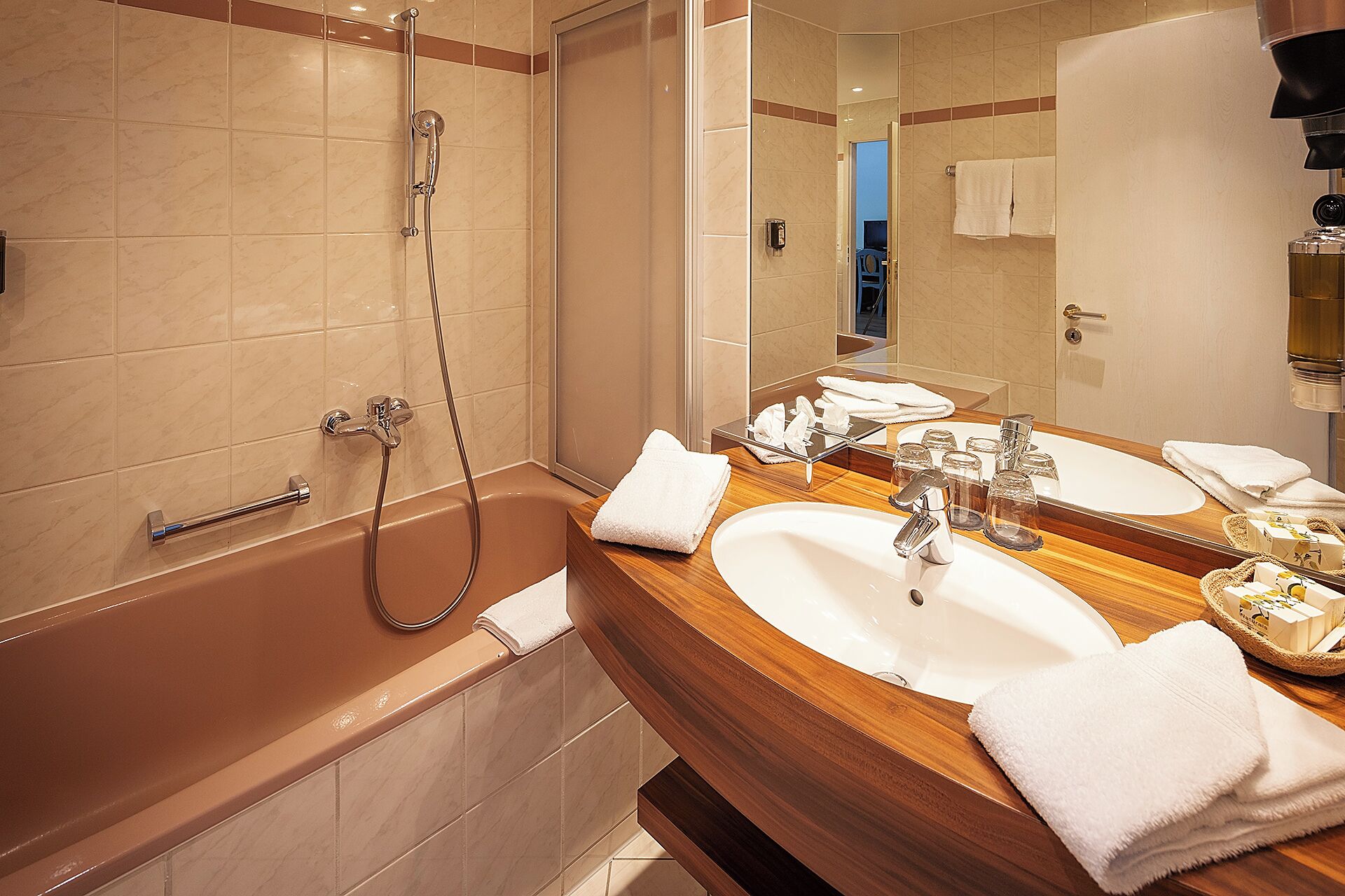 family triple room, balcony, hill view | bathroom | combined shower/bathtub, deep-soaking bathtub, free toiletries