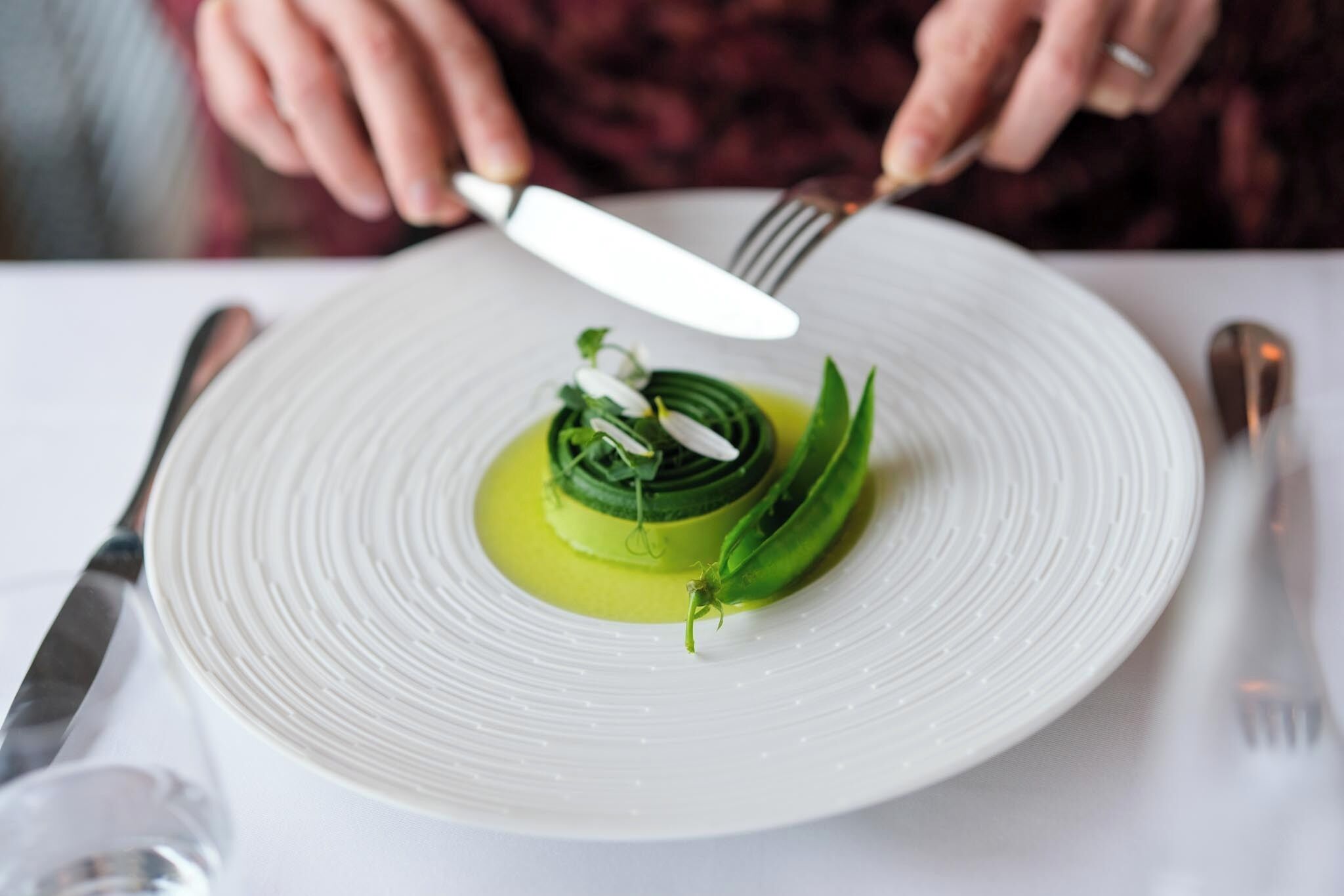A person holding a knife and fork over a plate with a green dish.