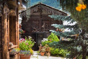 A rustic wooden cabin with a door, surrounded by potted plants and flowers. - Hotel Romantica (Zermatt)