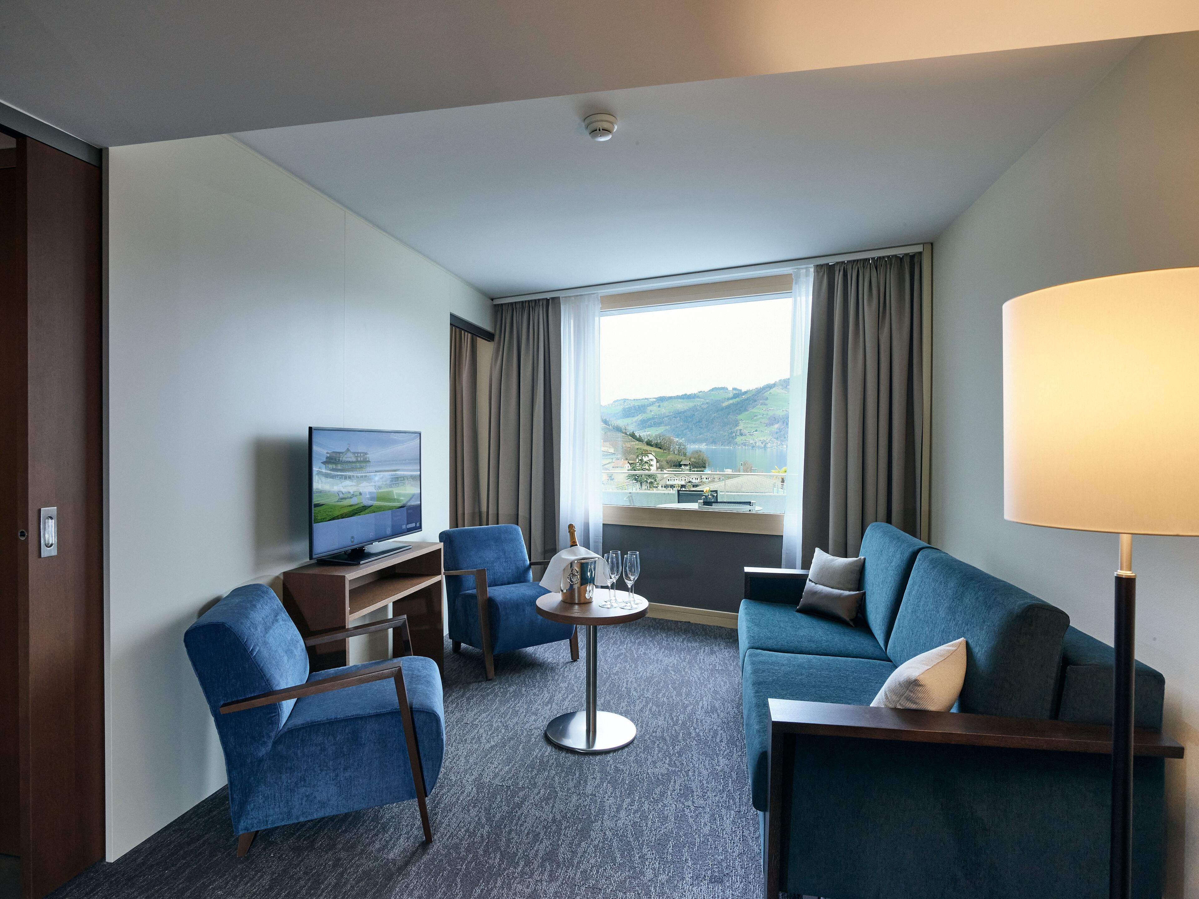 suite, balcony, lakeside | living area | 43-inch flat-screen tv with cable channels, tv